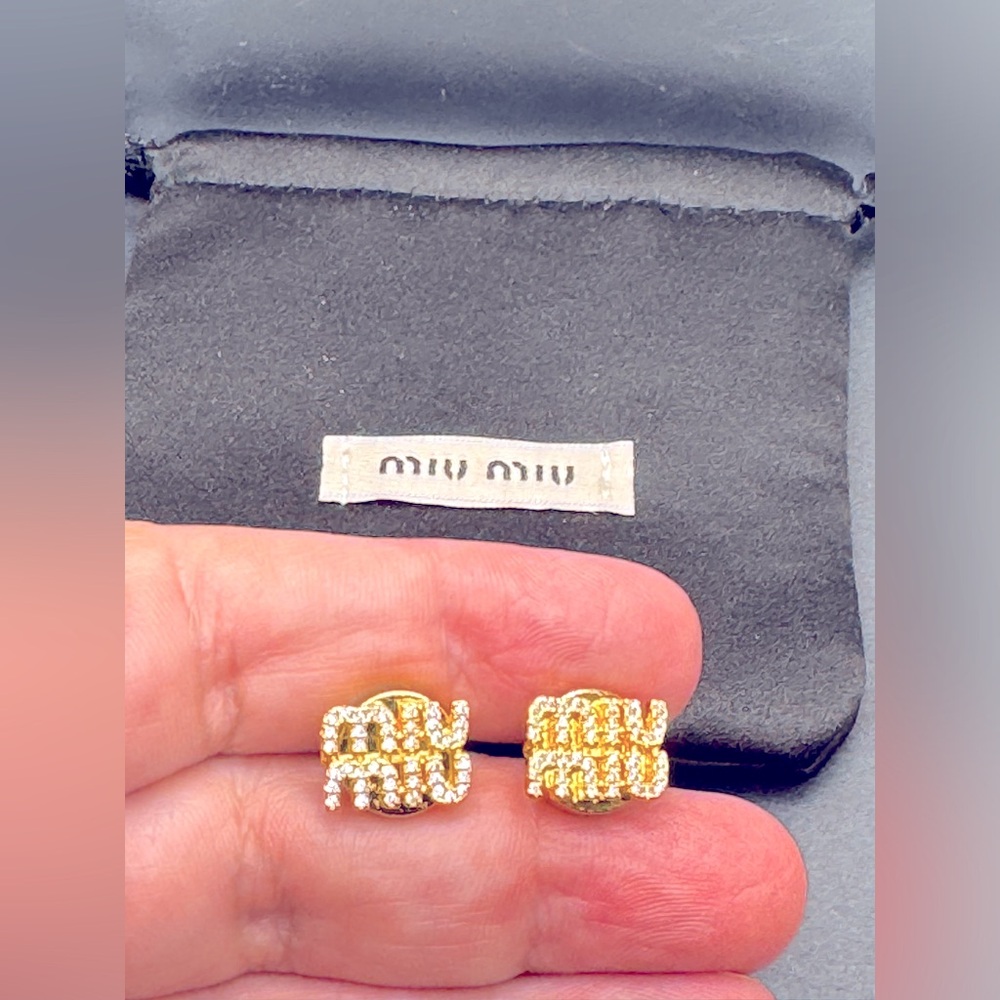 Miu Miu Gold Crystal Logo Knot Stud Earrings